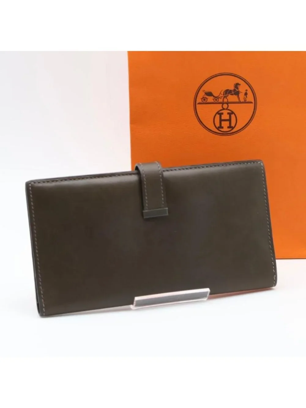 Hermes Bearn Classic Box Calf Khaki Silver Wallet